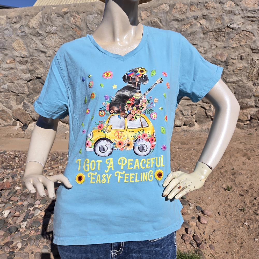 CHICYEA Blue Dog Guitar Graphic Tee 2XL Peaceful Easy Feeling Boho Retro Shirt